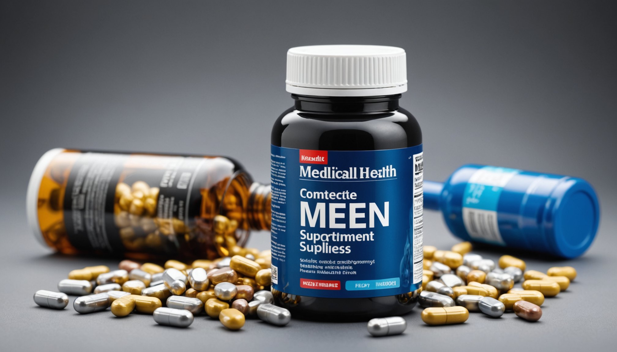 Illustration of men’s sexual health supplements with icons for heart health, hormones, lifestyle, and medical consultation